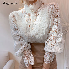 Load image into Gallery viewer, Petal Sleeve Stand Collar Hollow Out Flower Lace Patchwork Shirt Femme Blusas All-match Women Blouse Chic Button White Top 12419 - 3rd society clothing