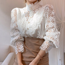 Load image into Gallery viewer, Petal Sleeve Stand Collar Hollow Out Flower Lace Patchwork Shirt Femme Blusas All-match Women Blouse Chic Button White Top 12419 - 3rd society clothing